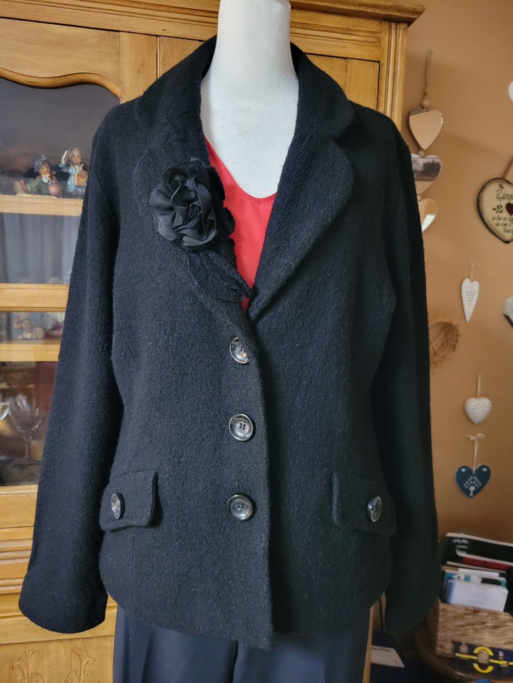 Vintage Fenn Wright Manson Black Button-Front Wool Jacket with Rosette M
